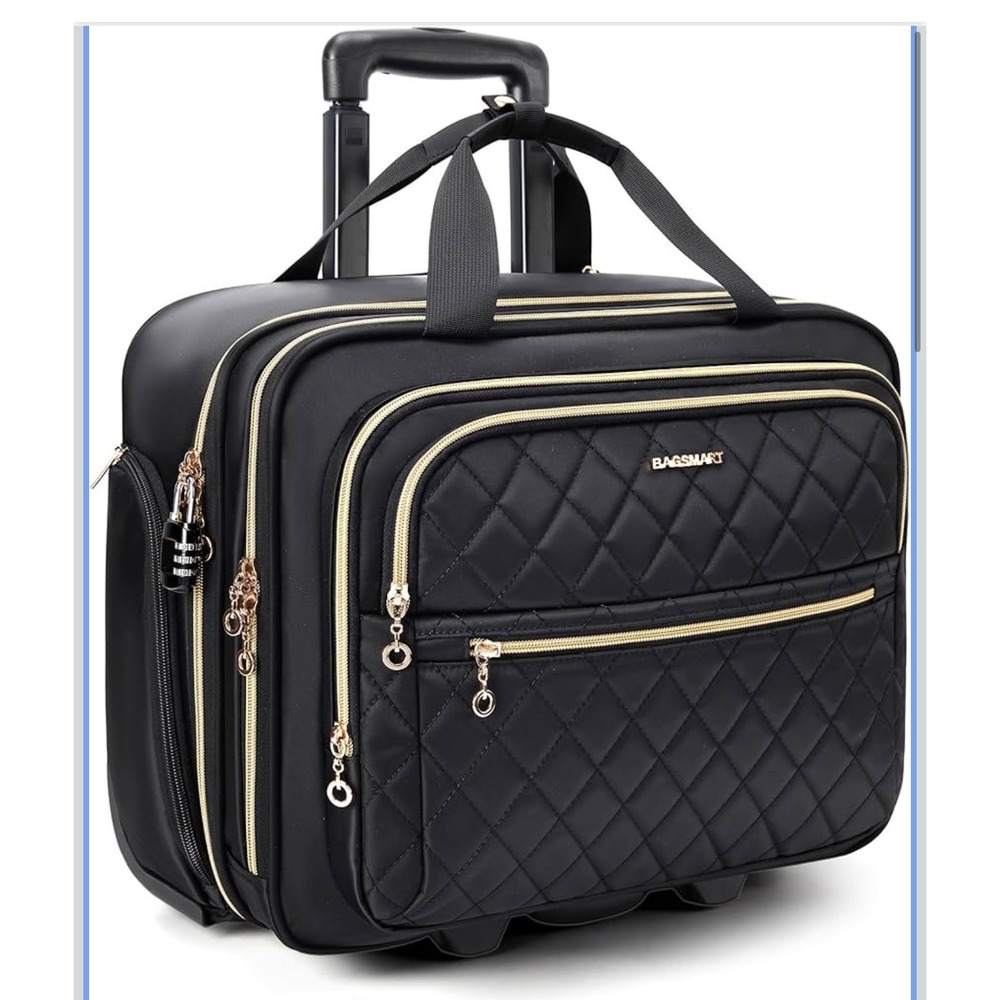 Bagsmart Black Quilted Rolling Laptop Briefcase 15.6 Inch 32L Underseat Luggage